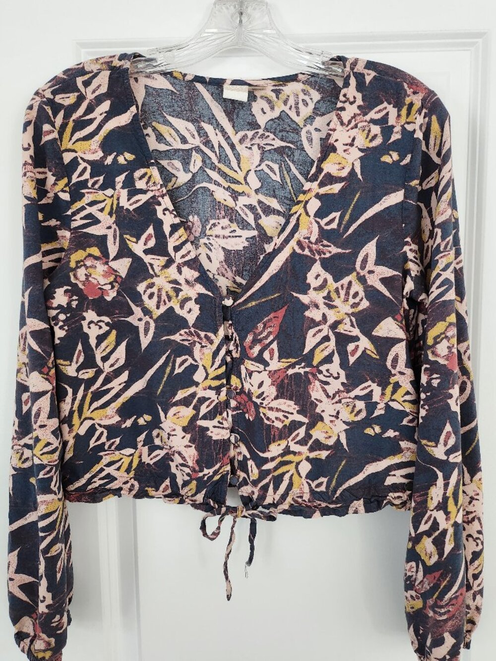 Roxy Womens Tropical Floral Button Front Drawstring Cropped Top Navy Pink US 8
